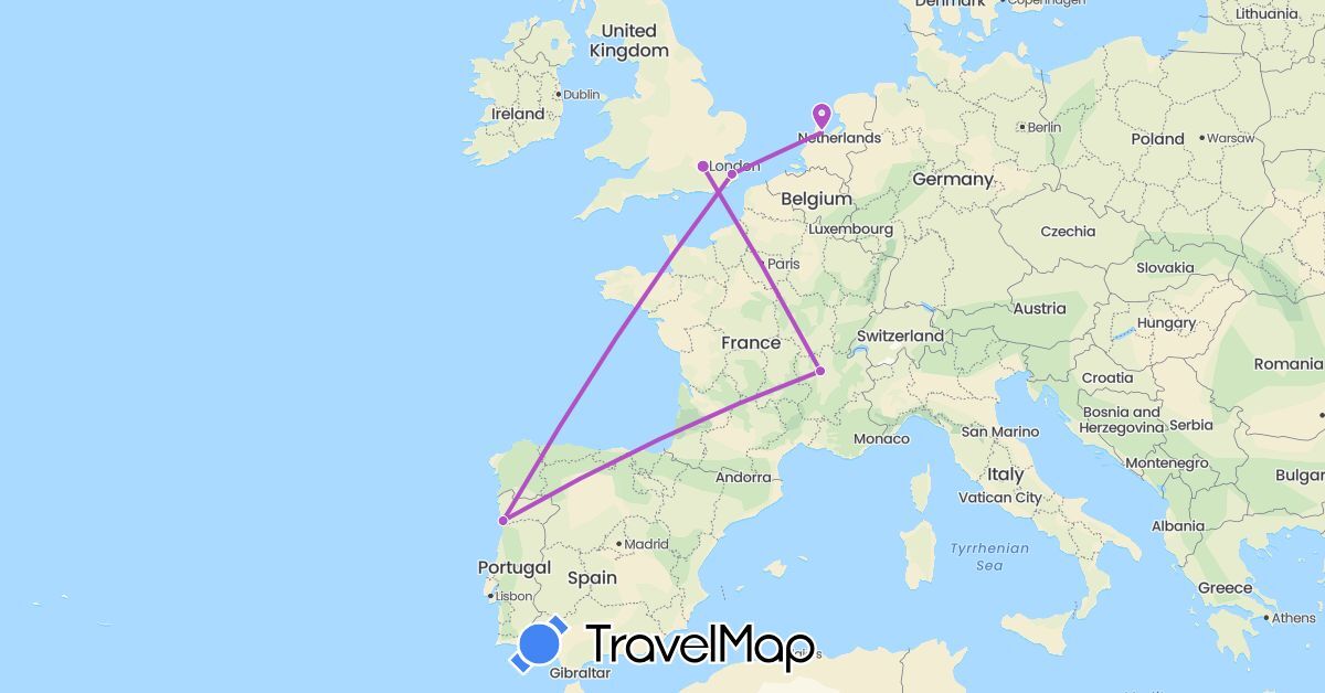 TravelMap itinerary: driving, train in France, United Kingdom, Netherlands, Portugal (Europe)